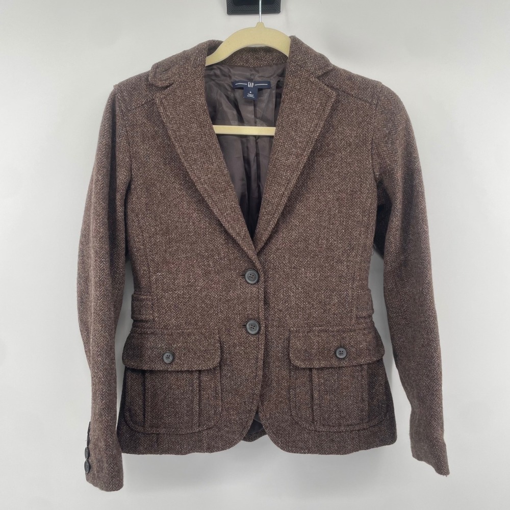 Gap Blazer Women 0 Brown Herringbone Tweed Wool Blend Jacket Academic Classic